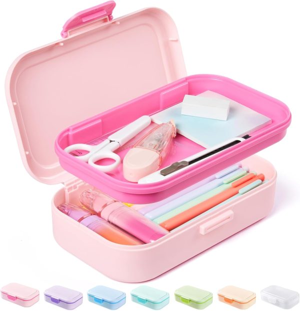 Sooez Double Layer Pencil Box, Plastic Pencil Case with Latch, Hard School Supply Box for Girls Boys Kids, Large Crayon Marker Pen Holder, Cute Art Storage Organizer, 1 Pack, Pink